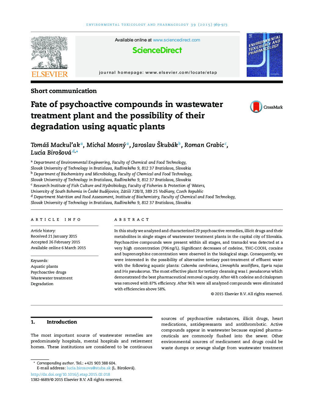 Fate of psychoactive compounds in wastewater treatment plant and the possibility of their degradation using aquatic plants