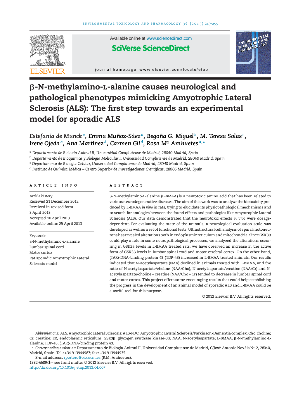 Î²-N-methylamino-l-alanine causes neurological and pathological phenotypes mimicking Amyotrophic Lateral Sclerosis (ALS): The first step towards an experimental model for sporadic ALS