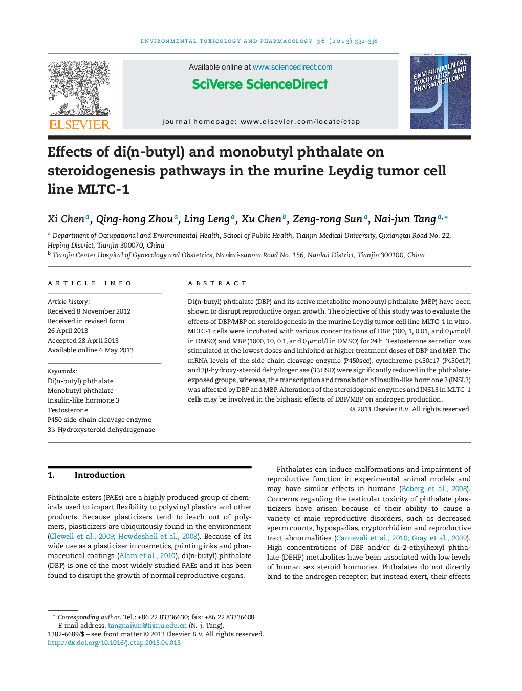 Effects of di(n-butyl) and monobutyl phthalate on steroidogenesis pathways in the murine Leydig tumor cell line MLTC-1