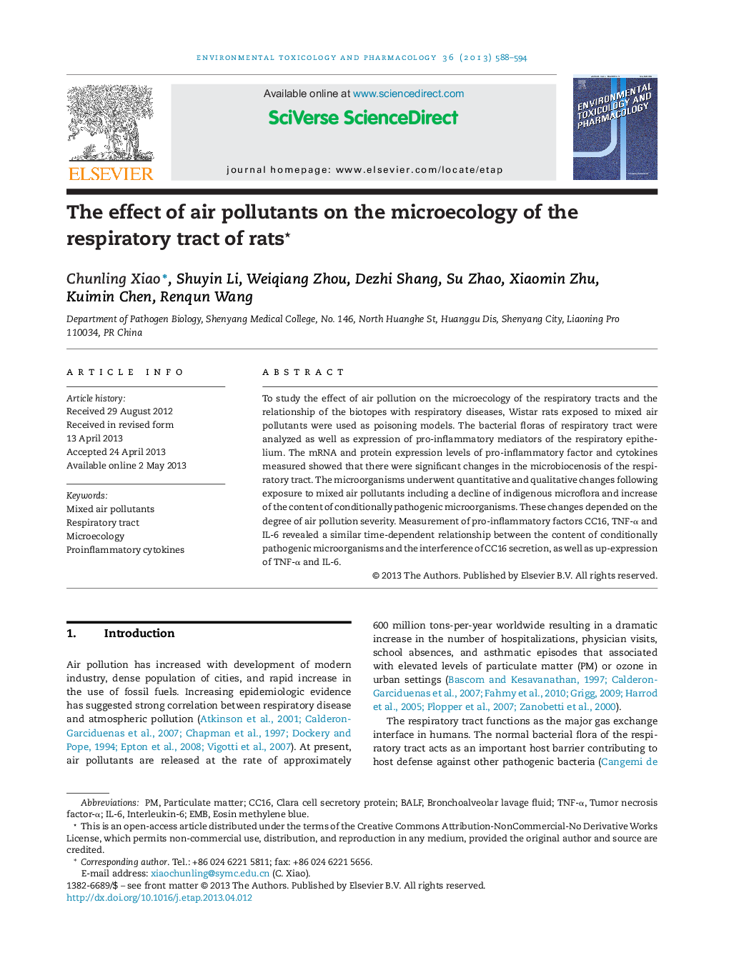 The effect of air pollutants on the microecology of the respiratory tract of ratsâ