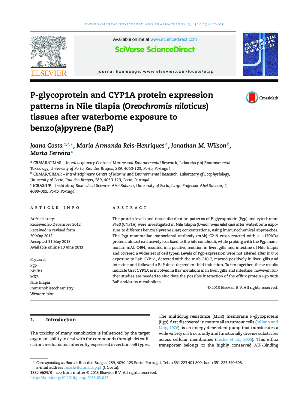 P-glycoprotein and CYP1A protein expression patterns in Nile tilapia (Oreochromis niloticus) tissues after waterborne exposure to benzo(a)pyrene (BaP)