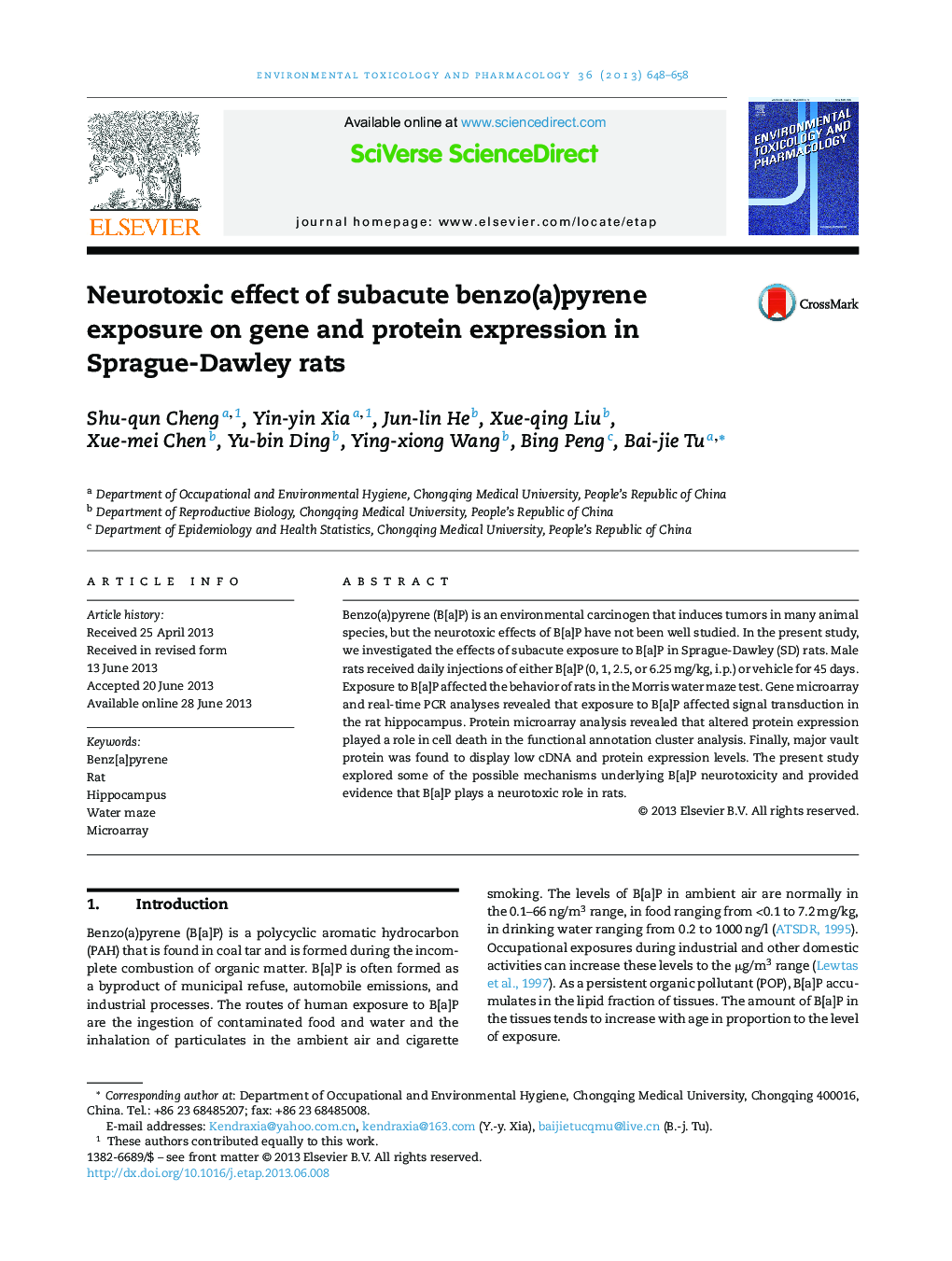 Neurotoxic effect of subacute benzo(a)pyrene exposure on gene and protein expression in Sprague-Dawley rats