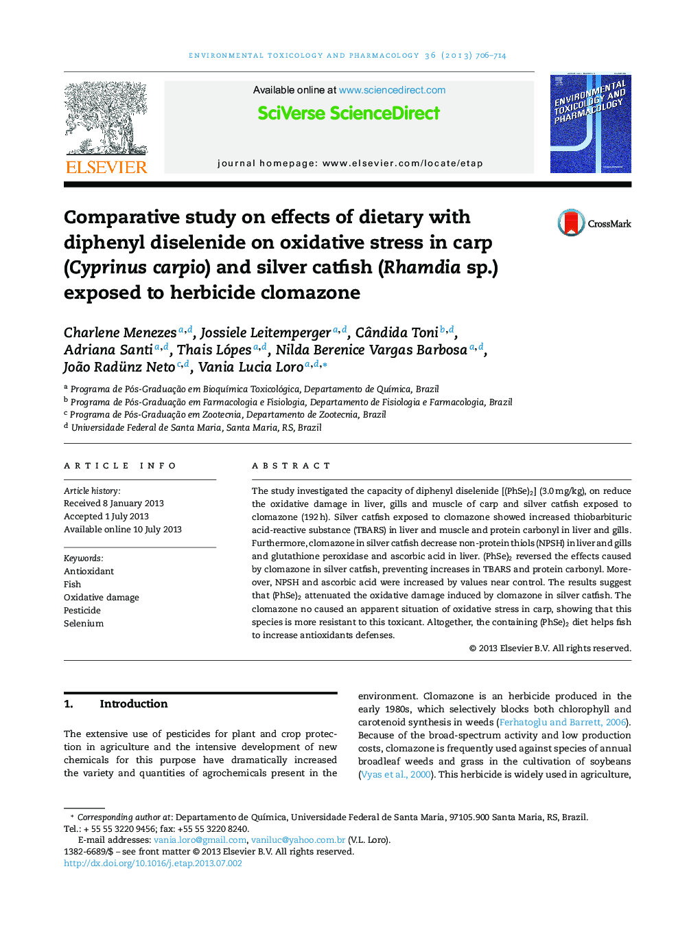 Comparative study on effects of dietary with diphenyl diselenide on oxidative stress in carp (Cyprinus carpio) and silver catfish (Rhamdia sp.) exposed to herbicide clomazone