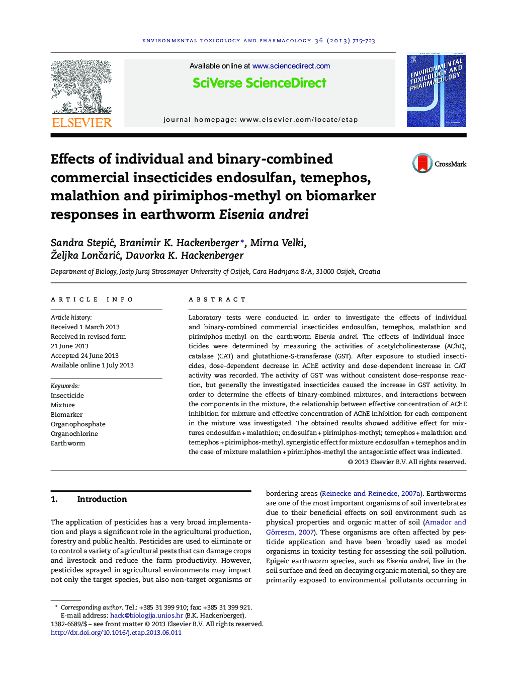 Effects of individual and binary-combined commercial insecticides endosulfan, temephos, malathion and pirimiphos-methyl on biomarker responses in earthworm Eisenia andrei