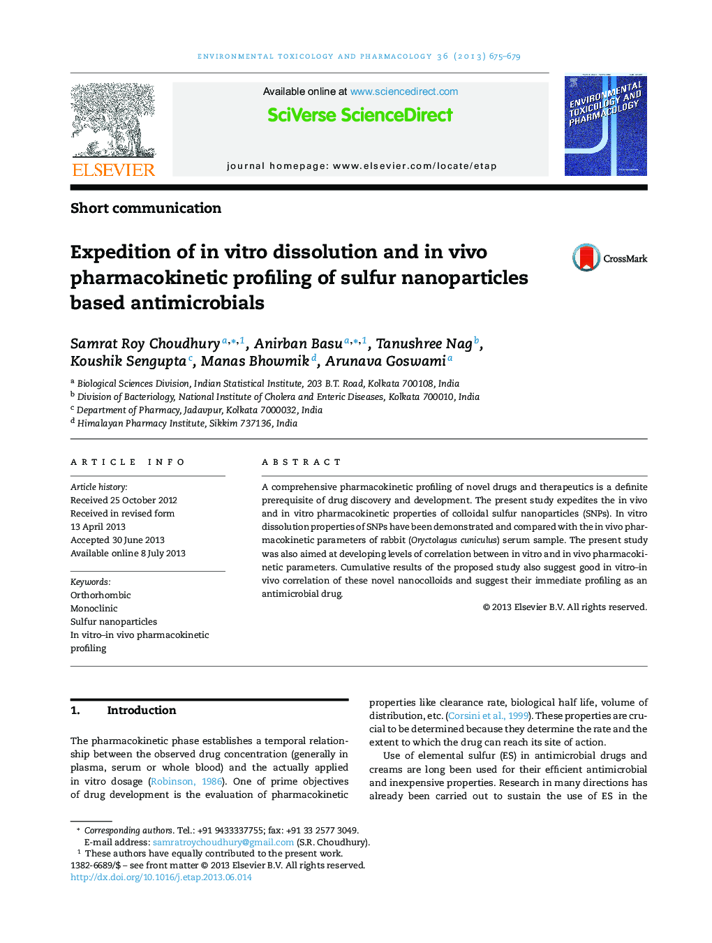 Short communicationExpedition of in vitro dissolution and in vivo pharmacokinetic profiling of sulfur nanoparticles based antimicrobials