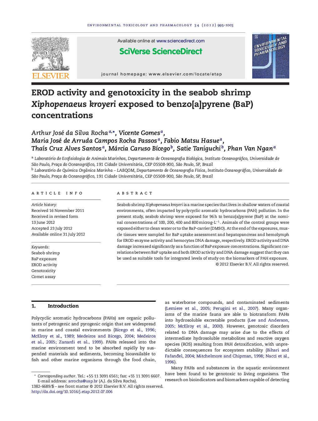 EROD activity and genotoxicity in the seabob shrimp Xiphopenaeus kroyeri exposed to benzo[a]pyrene (BaP) concentrations