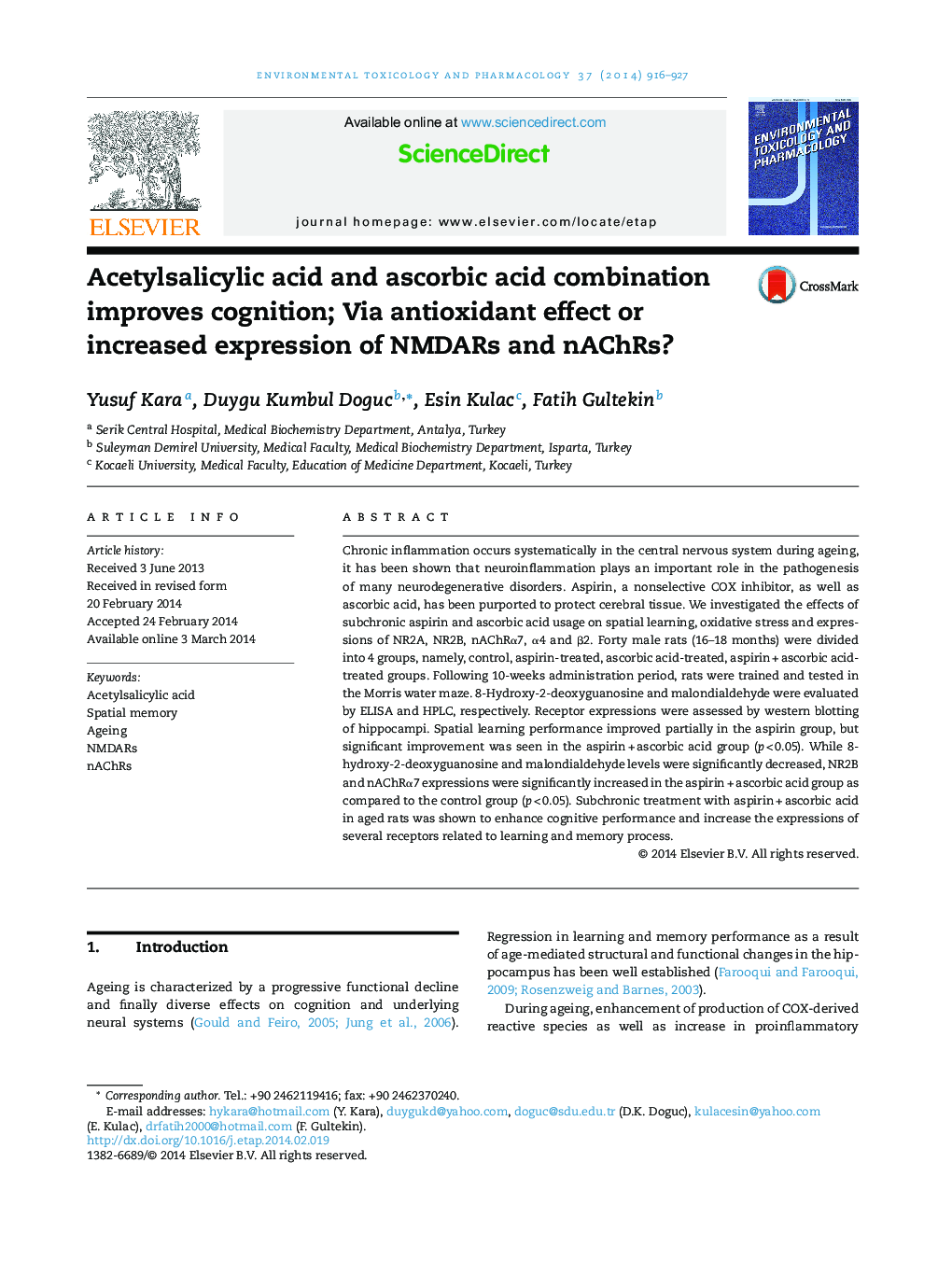 Acetylsalicylic acid and ascorbic acid combination improves cognition; Via antioxidant effect or increased expression of NMDARs and nAChRs?