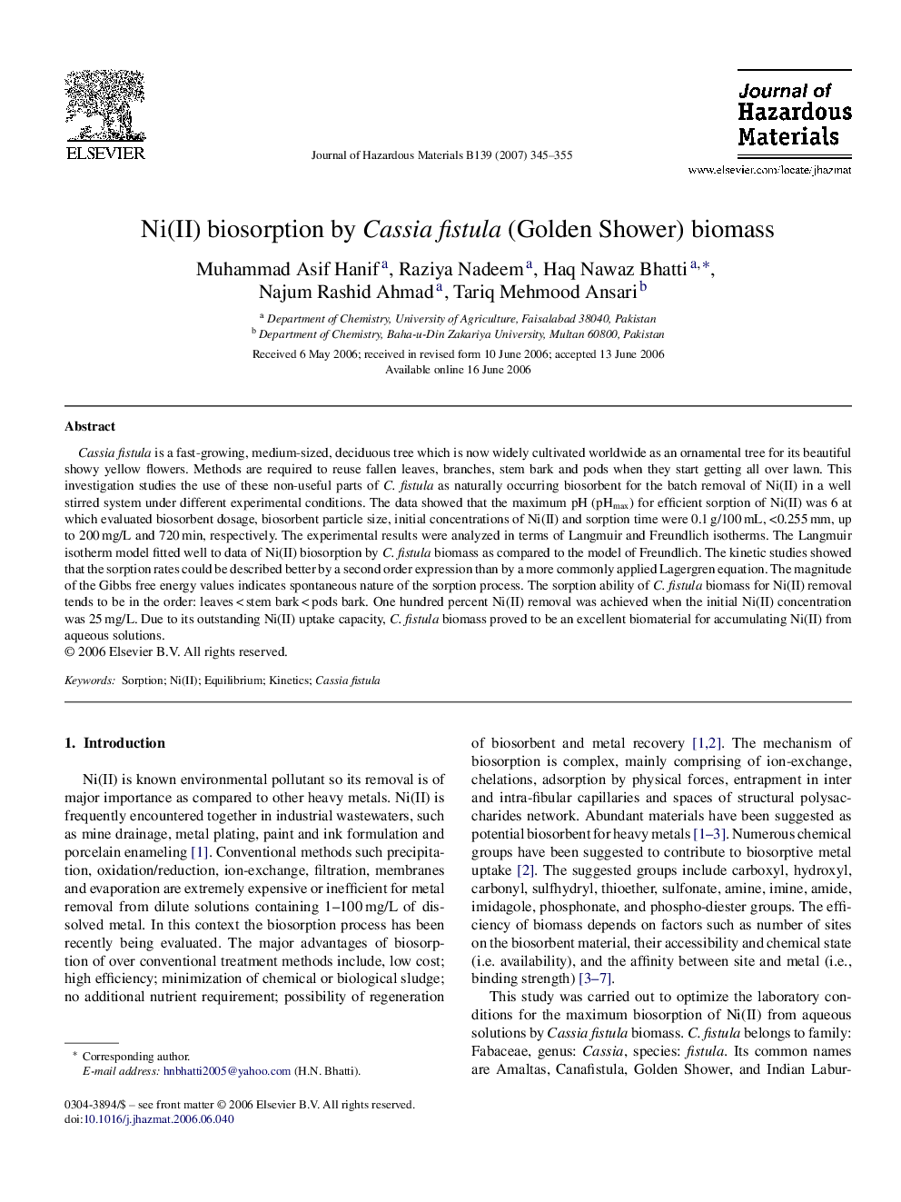 Ni(II) biosorption by Cassia fistula (Golden Shower) biomass