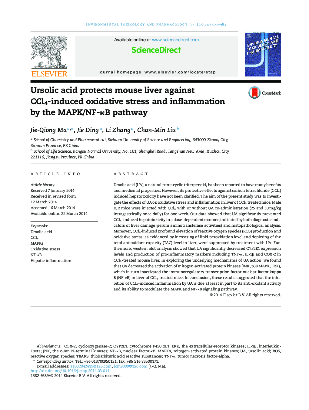 Ursolic acid protects mouse liver against CCl4-induced oxidative stress and inflammation by the MAPK/NF-ÎºB pathway