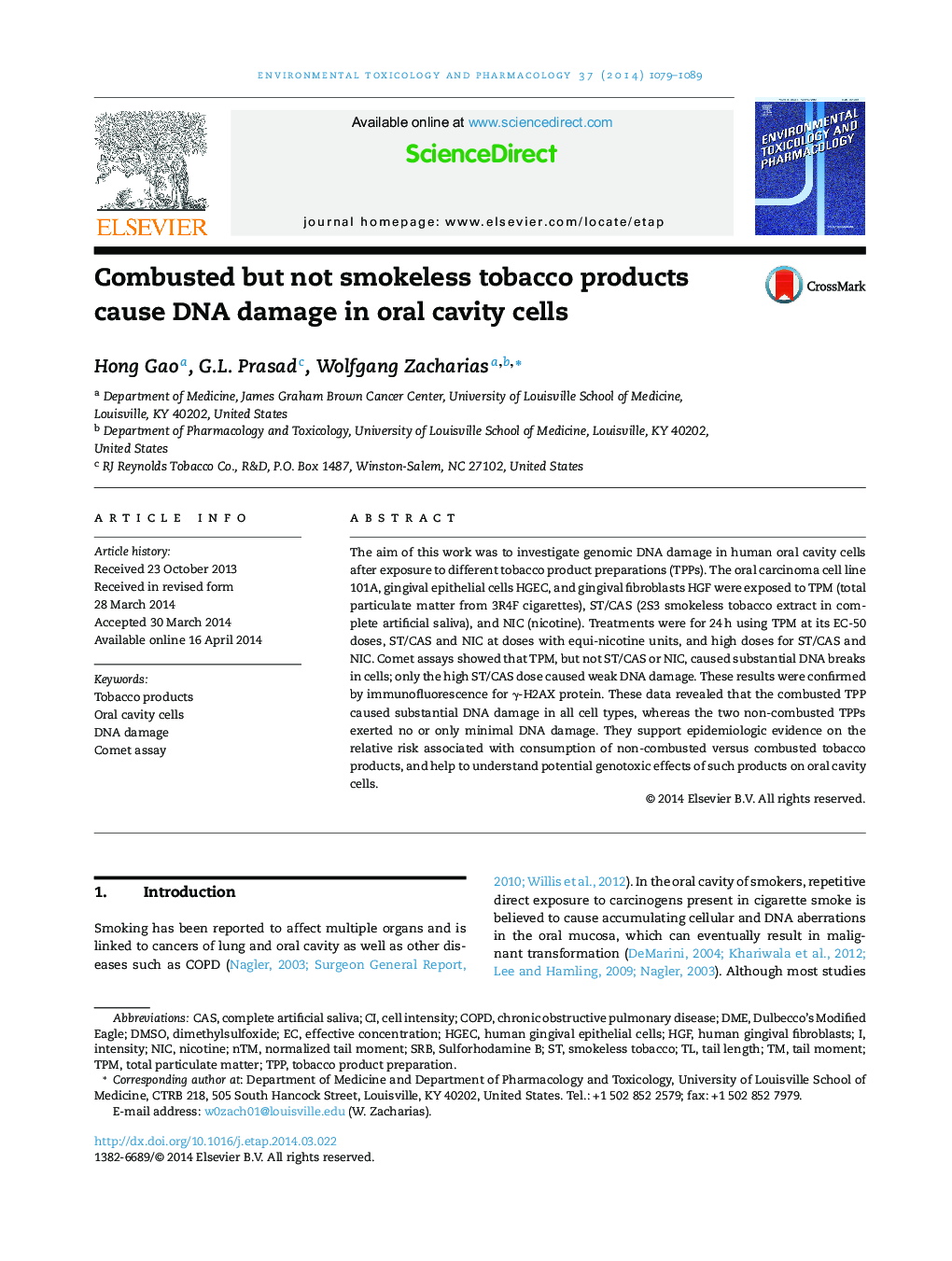 Combusted but not smokeless tobacco products cause DNA damage in oral cavity cells