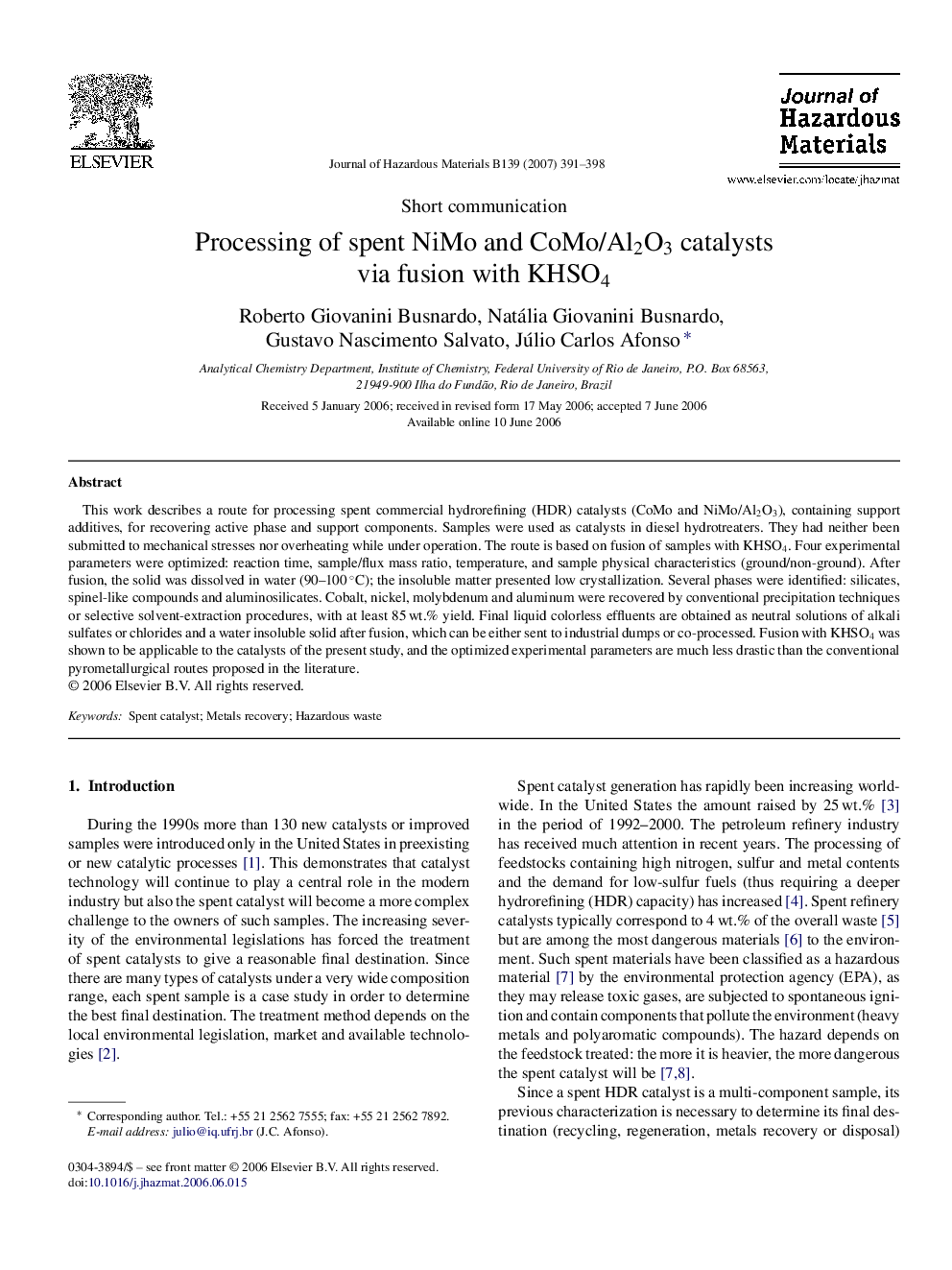 عکس صفحه اول مقاله: Processing of spent NiMo and CoMo/Al2O3 catalysts via fusion with KHSO4 Processing of spent NiMo and CoMo/Al2O3 catalysts via fusion with KHSO4