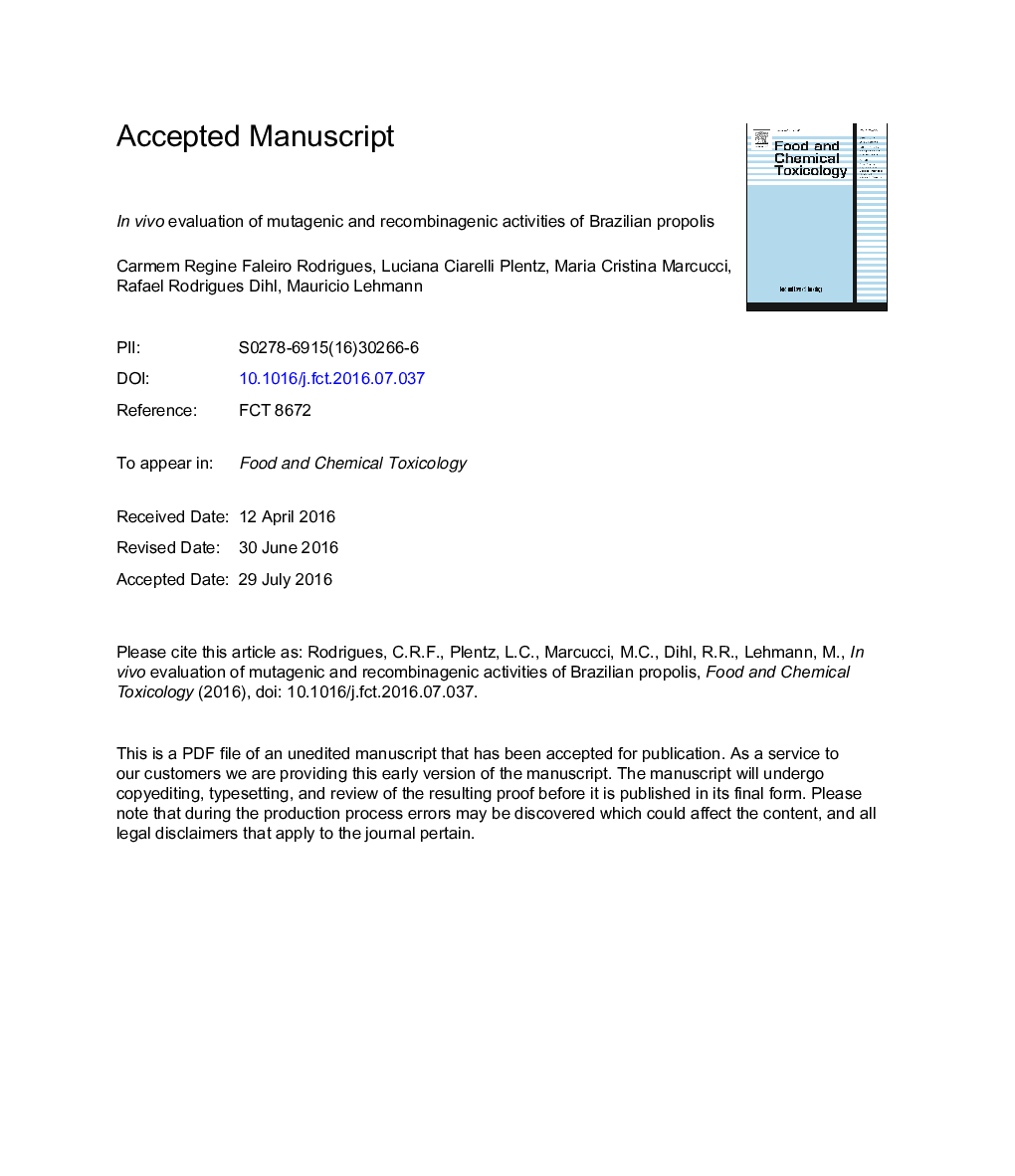 InÂ vivo evaluation of mutagenic and recombinagenic activities of Brazilian propolis