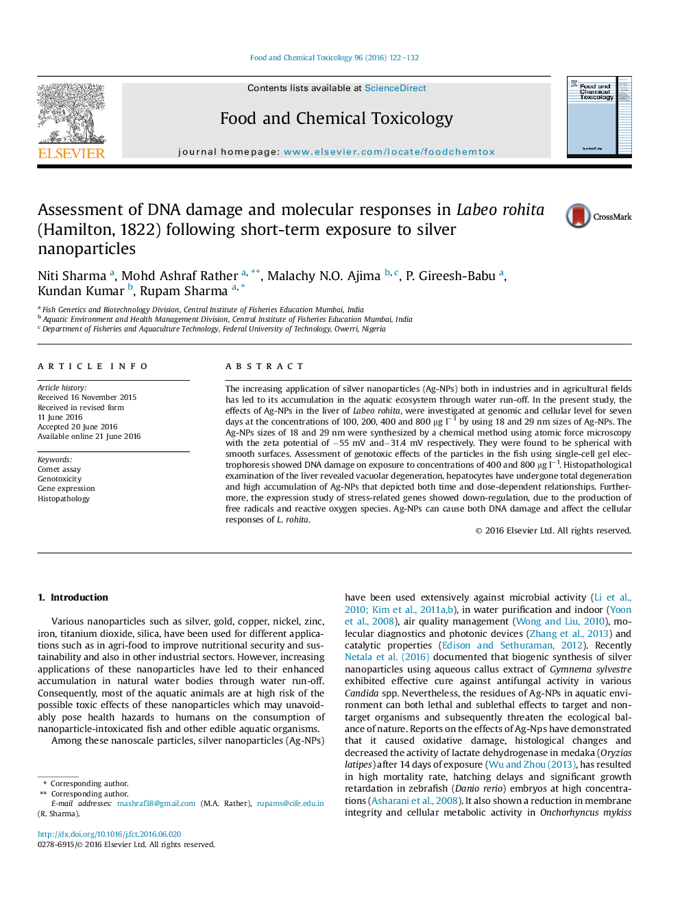 Assessment of DNA damage and molecular responses in Labeo rohita (Hamilton, 1822) following short-term exposure to silver nanoparticles