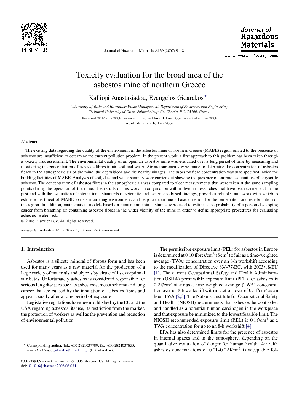 Toxicity evaluation for the broad area of the asbestos mine of northern Greece