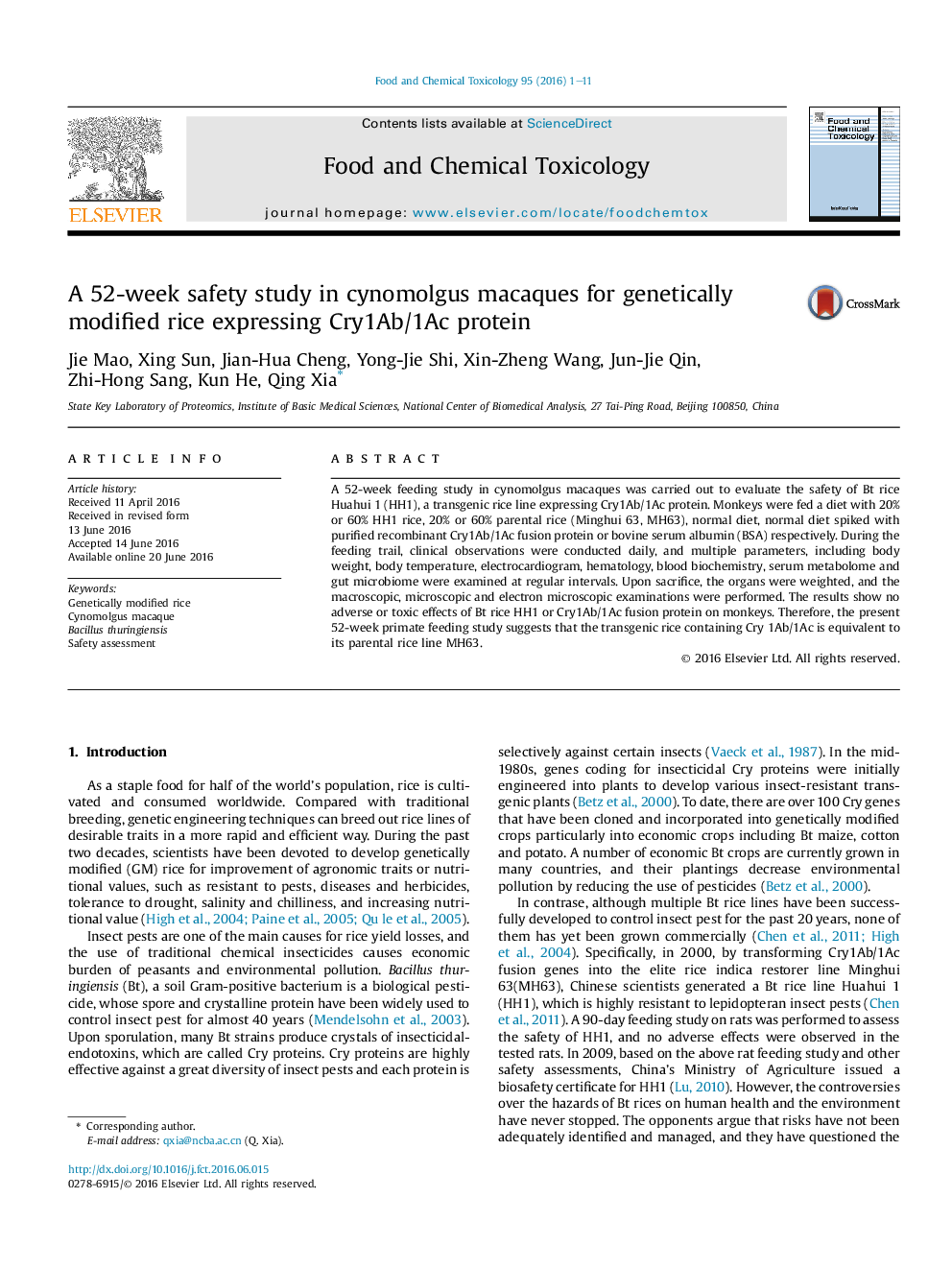 A 52-week safety study in cynomolgus macaques for genetically modified rice expressing Cry1Ab/1Ac protein