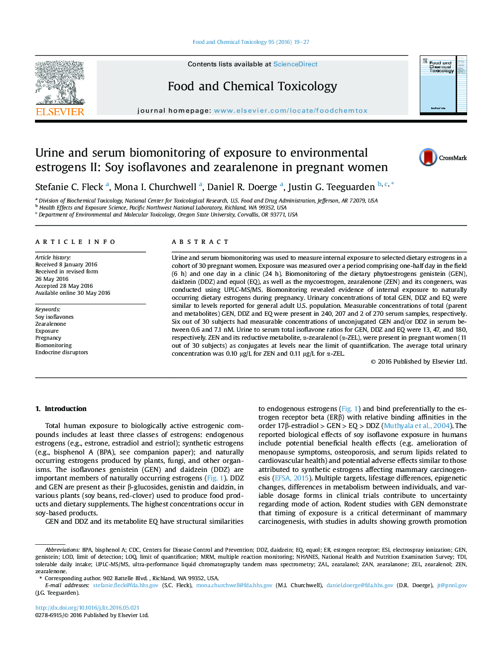 Urine and serum biomonitoring of exposure to environmental estrogens II: Soy isoflavones and zearalenone in pregnant women