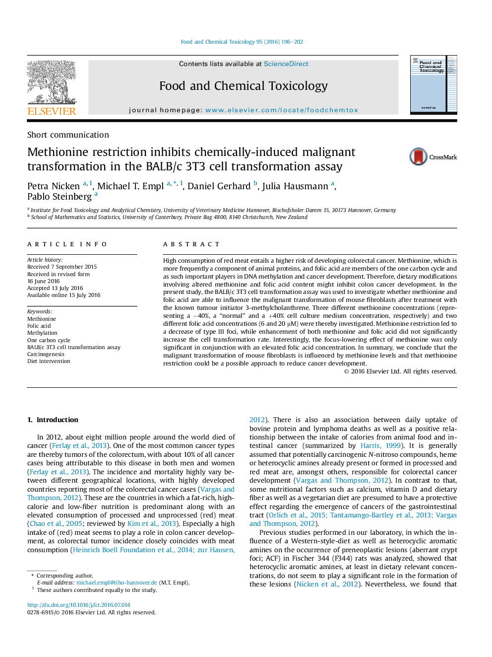 Methionine restriction inhibits chemically-induced malignant transformation in the BALB/c 3T3 cell transformation assay