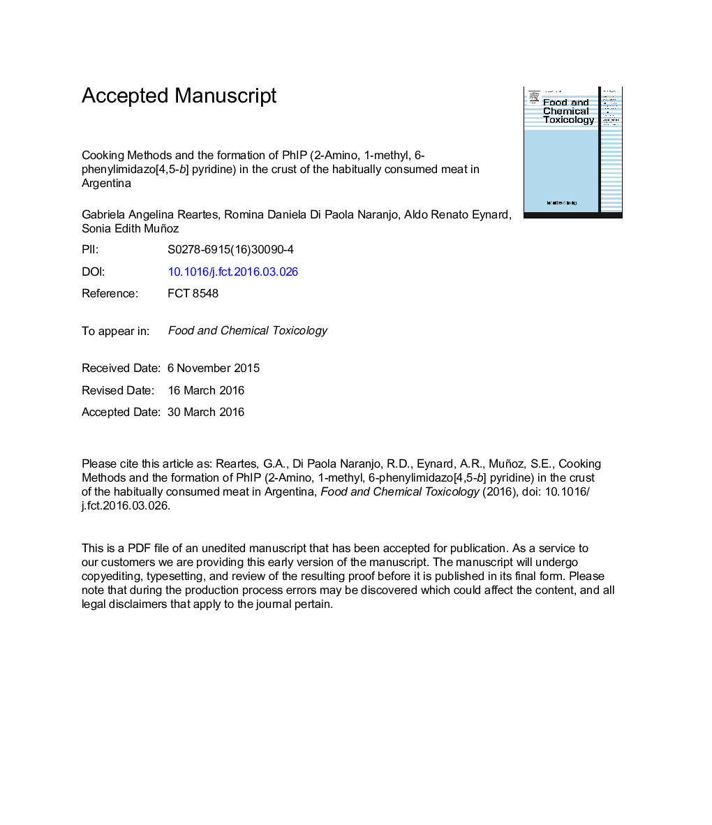 Cooking methods and the formation of PhIP (2-Amino, 1-methyl, 6-phenylimidazo[4,5-b] pyridine) in the crust of the habitually consumed meat in Argentina