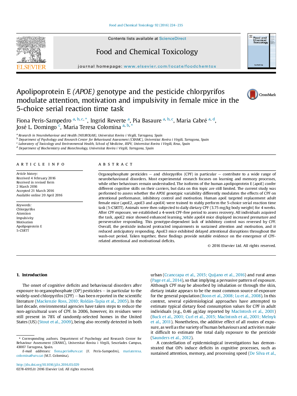 Apolipoprotein E (APOE) genotype and the pesticide chlorpyrifos modulate attention, motivation and impulsivity in female mice in the 5-choice serial reaction time task