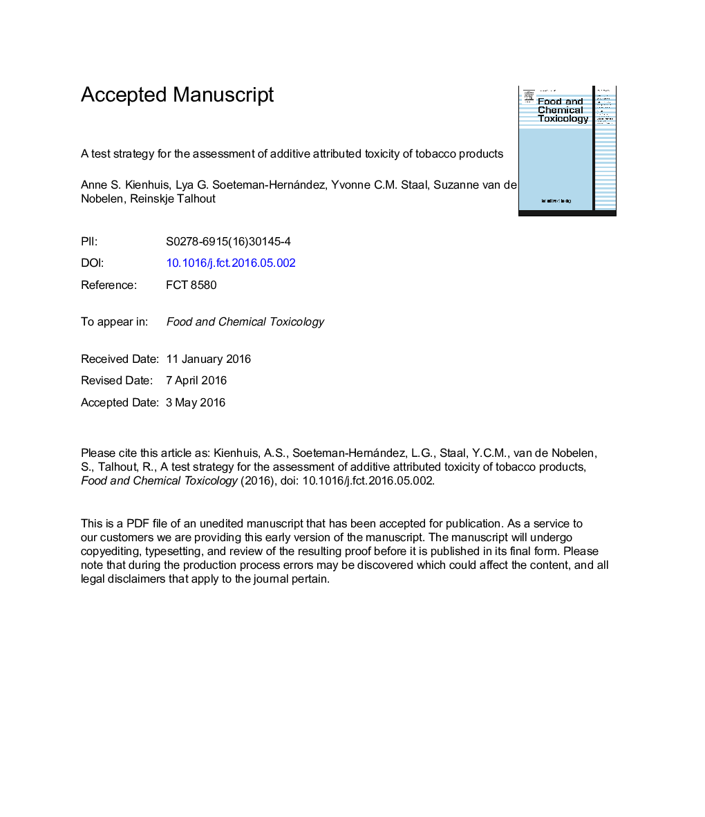 A test strategy for the assessment of additive attributed toxicity of tobacco products