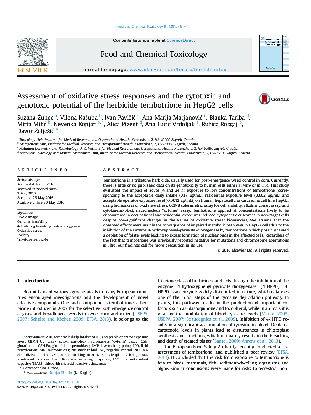 Assessment of oxidative stress responses and the cytotoxic and genotoxic potential of the herbicide tembotrione in HepG2 cells