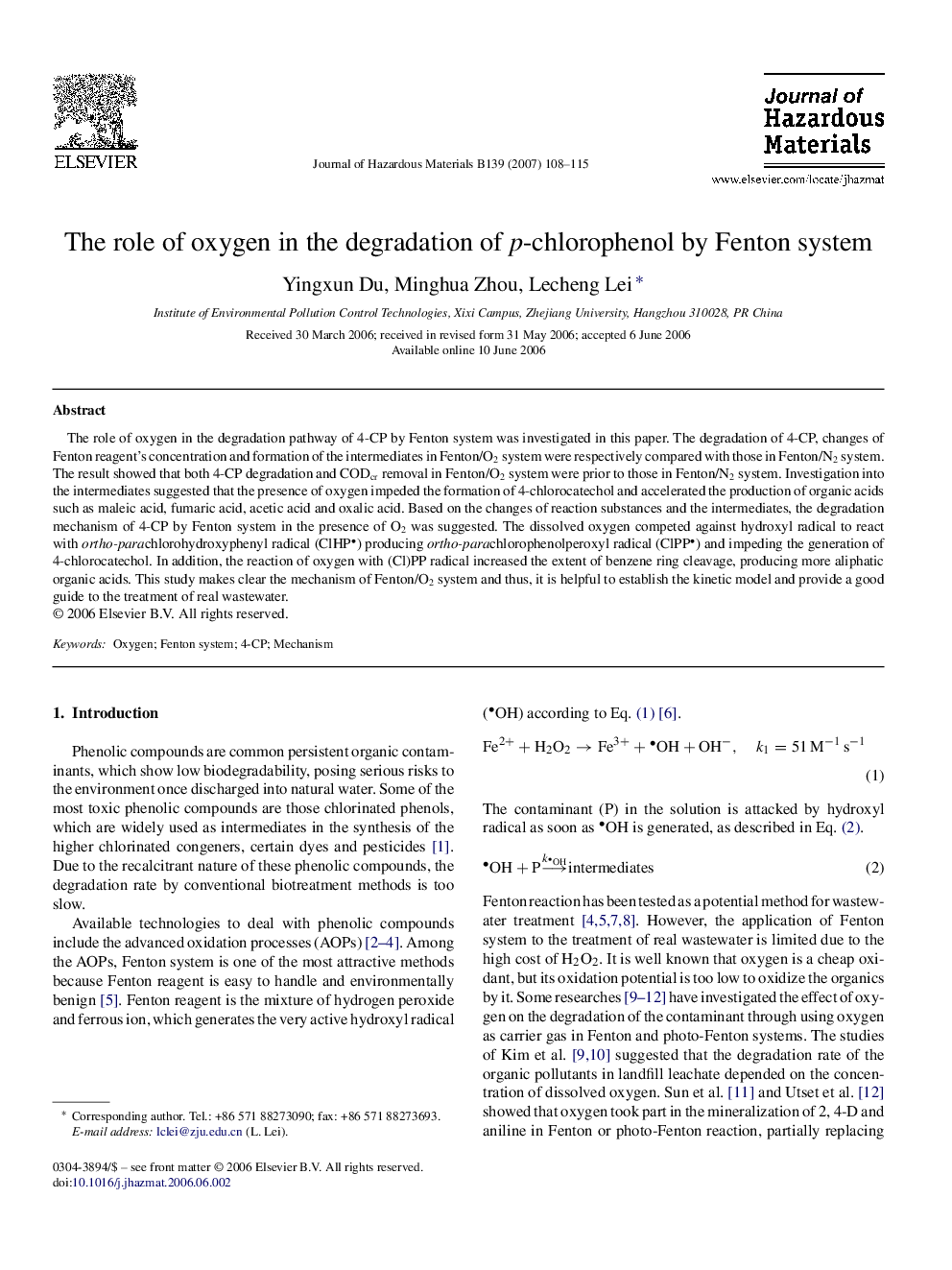 The role of oxygen in the degradation of p-chlorophenol by Fenton system