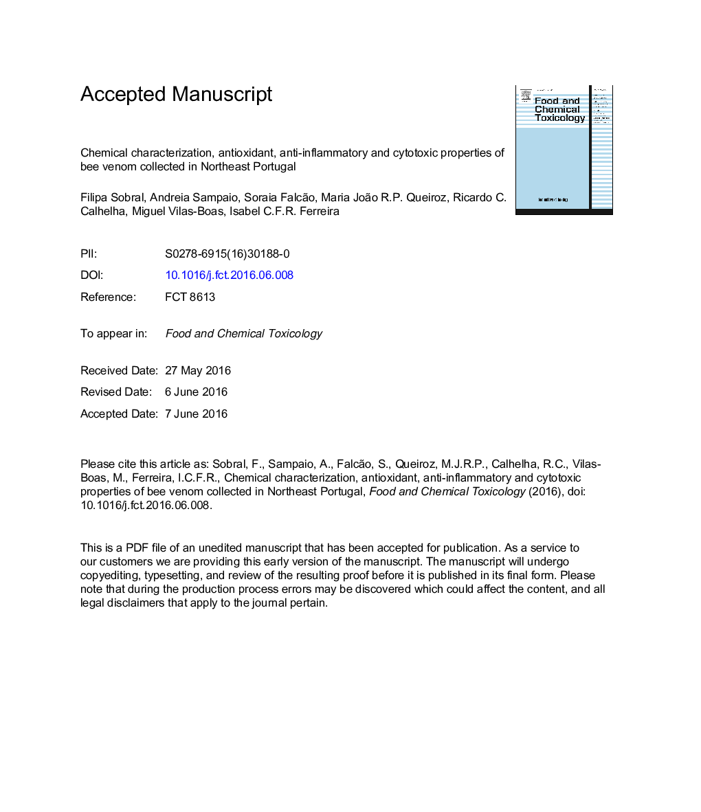 Chemical characterization, antioxidant, anti-inflammatory and cytotoxic properties of bee venom collected in Northeast Portugal