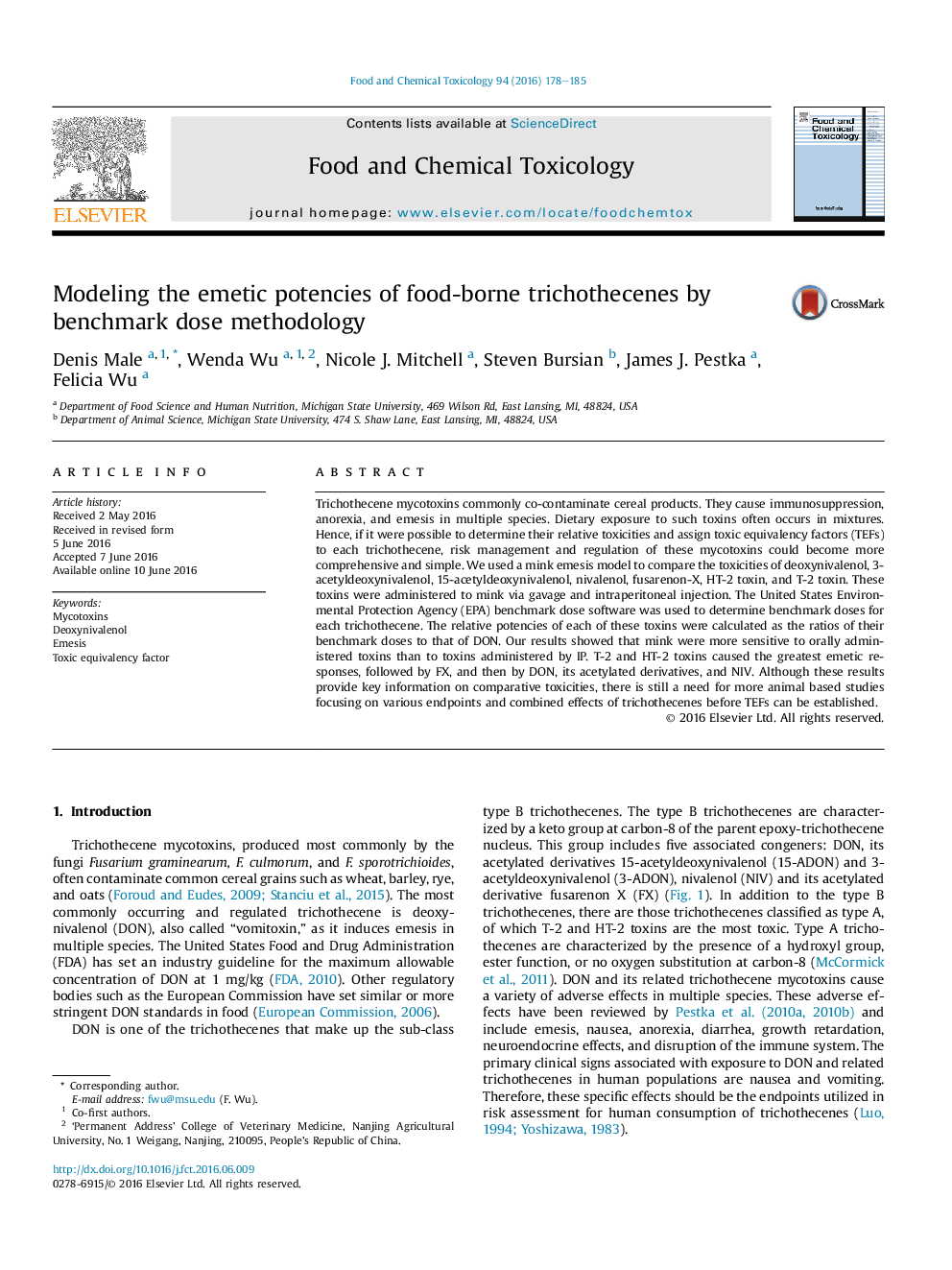 Modeling the emetic potencies of food-borne trichothecenes by benchmark dose methodology