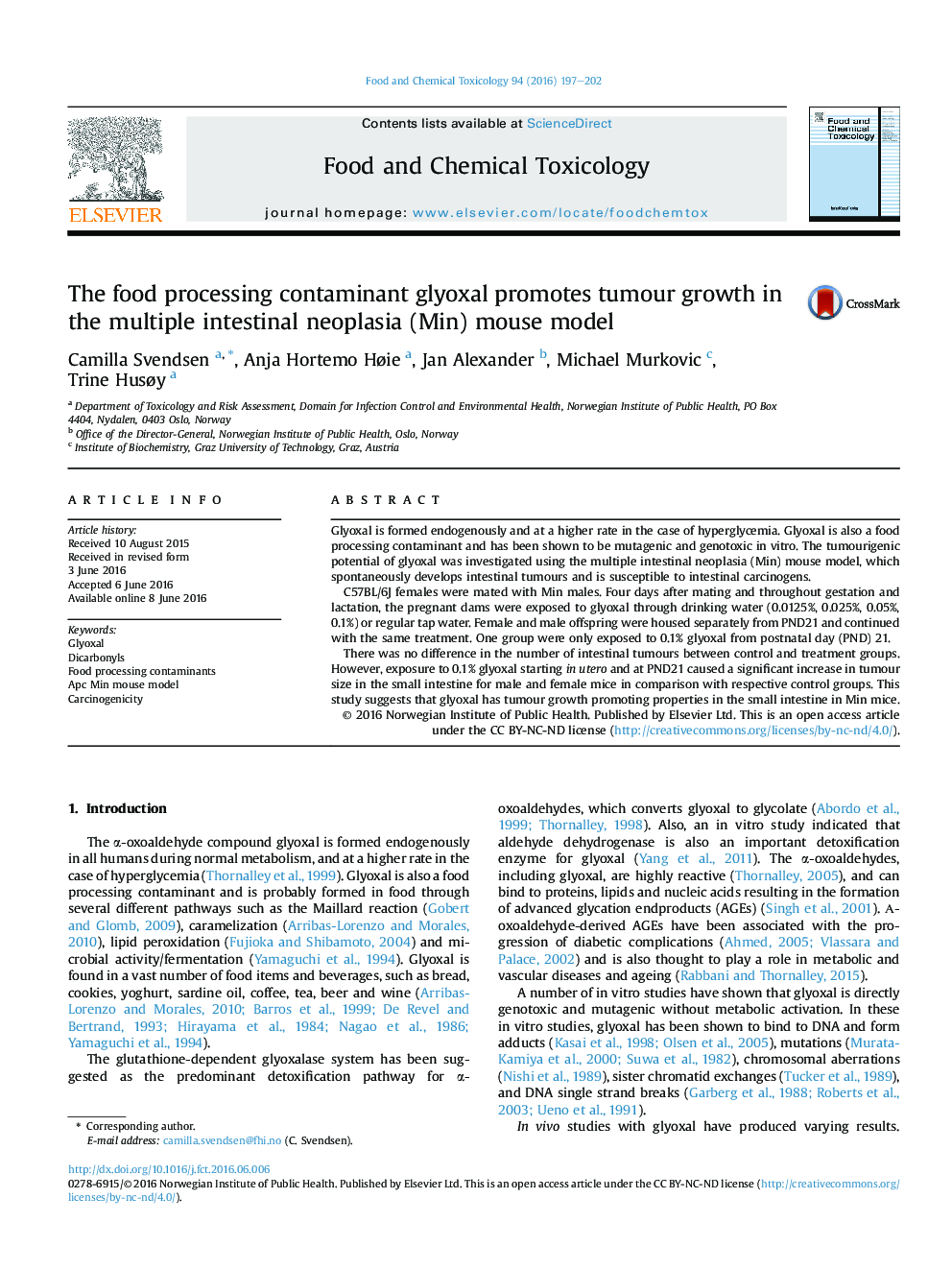 The food processing contaminant glyoxal promotes tumour growth in the multiple intestinal neoplasia (Min) mouse model