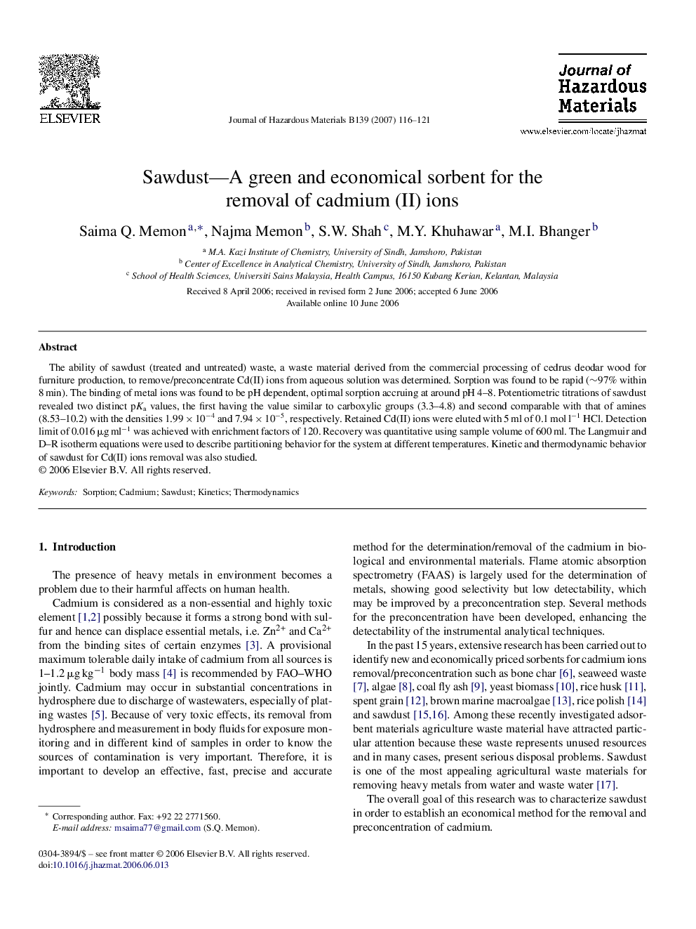 Sawdust-A green and economical sorbent for the removal of cadmium (II) ions