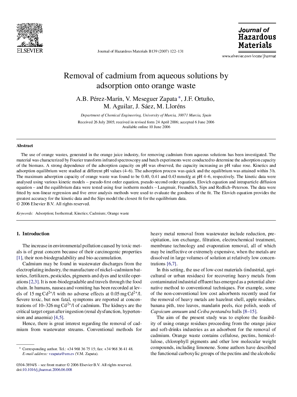 Removal of cadmium from aqueous solutions by adsorption onto orange waste