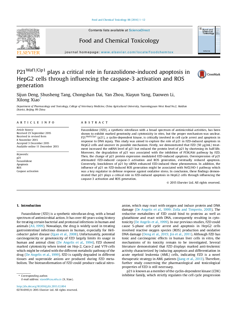 P21Waf1/Cip1 plays a critical role in furazolidone-induced apoptosis in HepG2 cells through influencing the caspase-3 activation and ROS generation