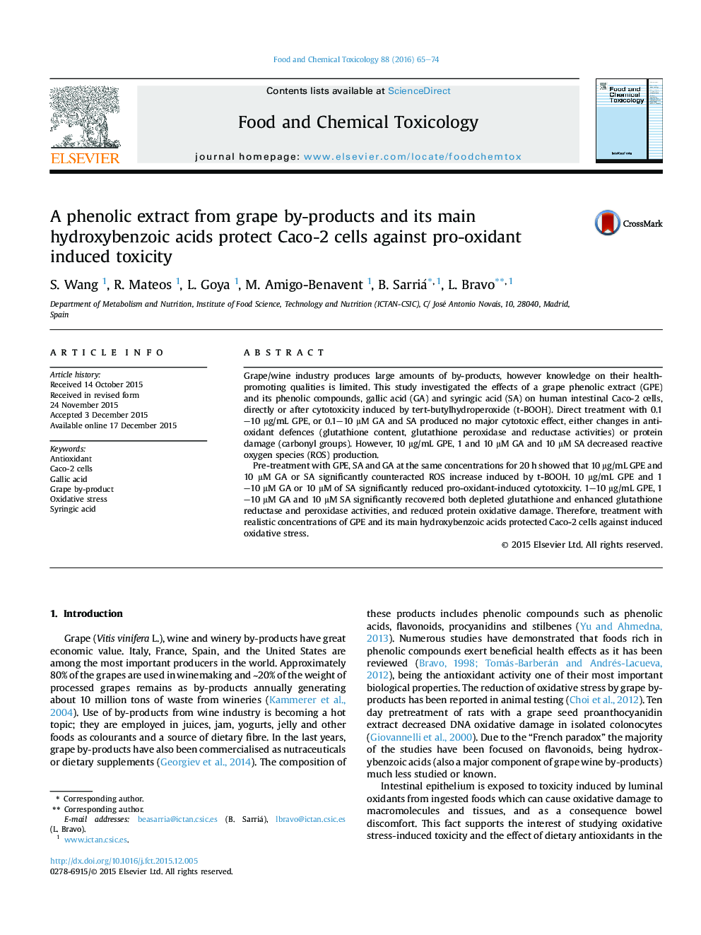 A phenolic extract from grape by-products and its main hydroxybenzoic acids protect Caco-2 cells against pro-oxidant induced toxicity