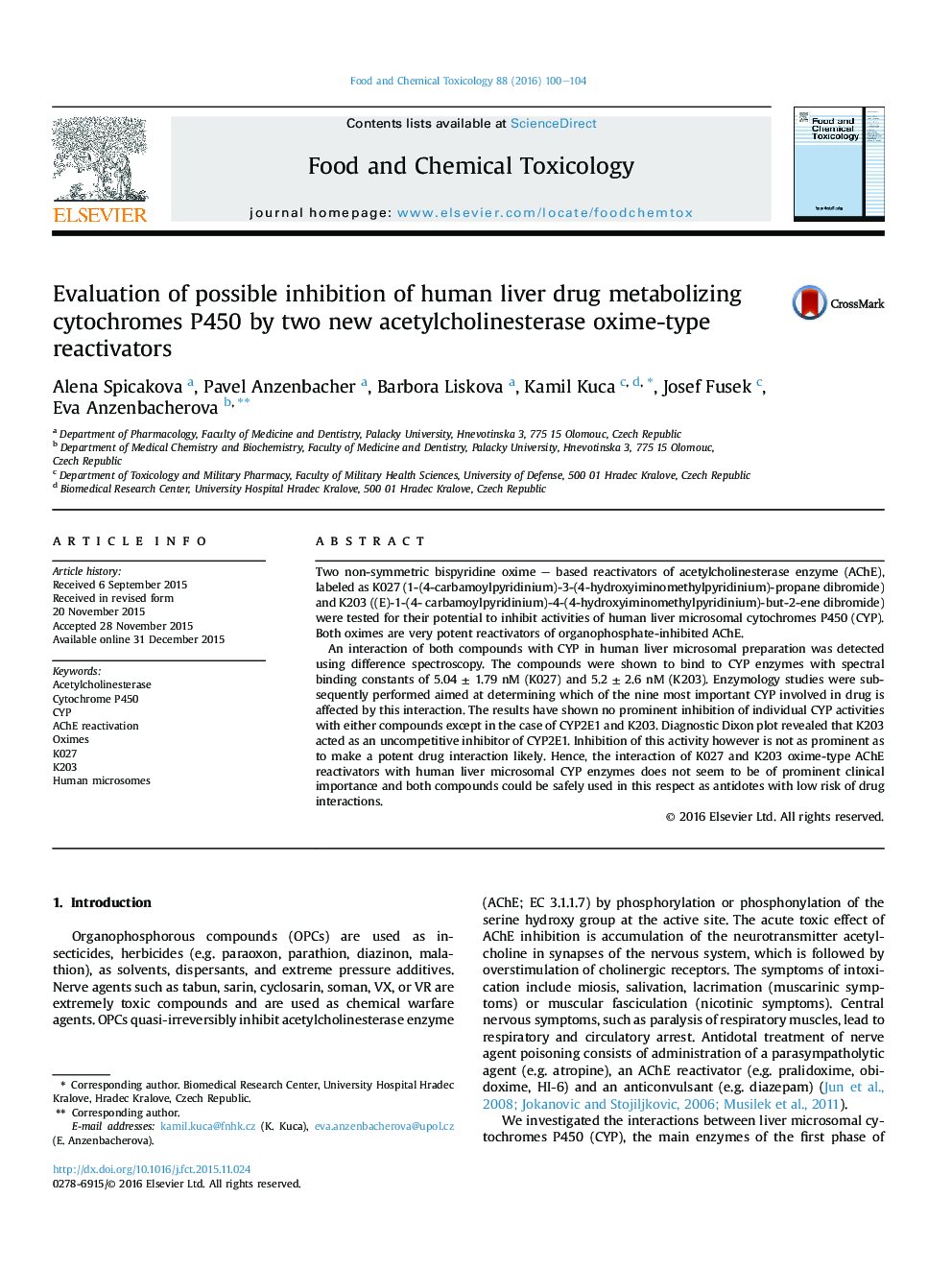 Evaluation of possible inhibition of human liver drug metabolizing cytochromes P450 by two new acetylcholinesterase oxime-type reactivators