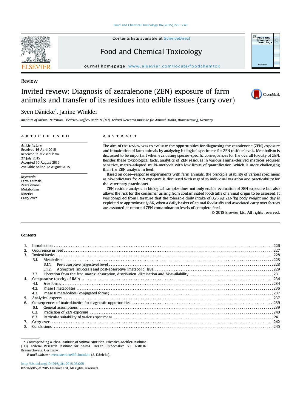 ReviewInvited review: Diagnosis of zearalenone (ZEN) exposure of farm animals and transfer of its residues into edible tissues (carry over)