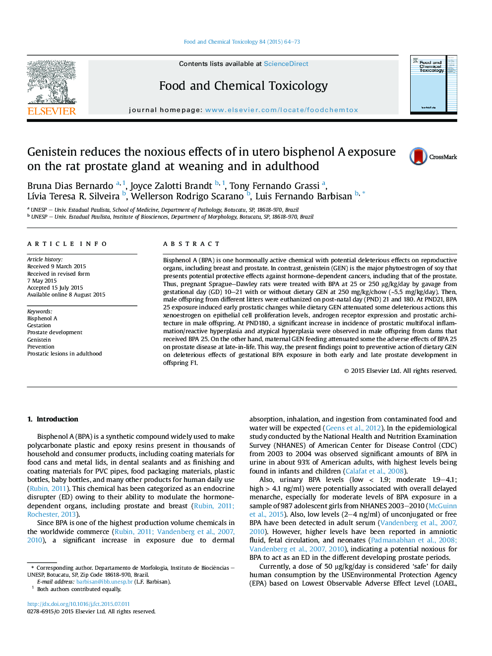 Genistein reduces the noxious effects of in utero bisphenol A exposure on the rat prostate gland at weaning and in adulthood