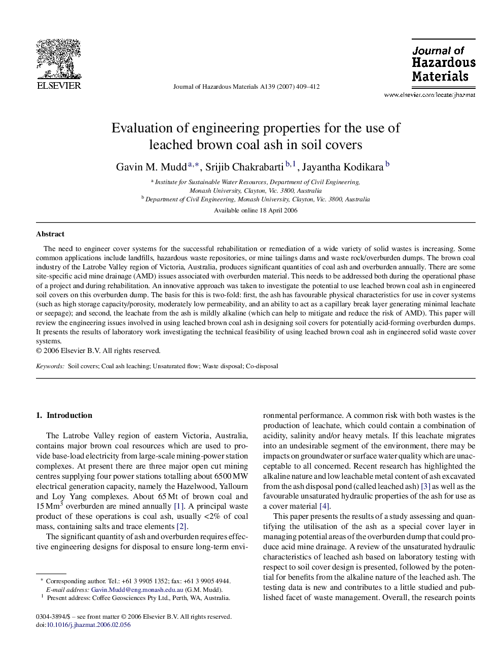 Evaluation of engineering properties for the use of leached brown coal ash in soil covers