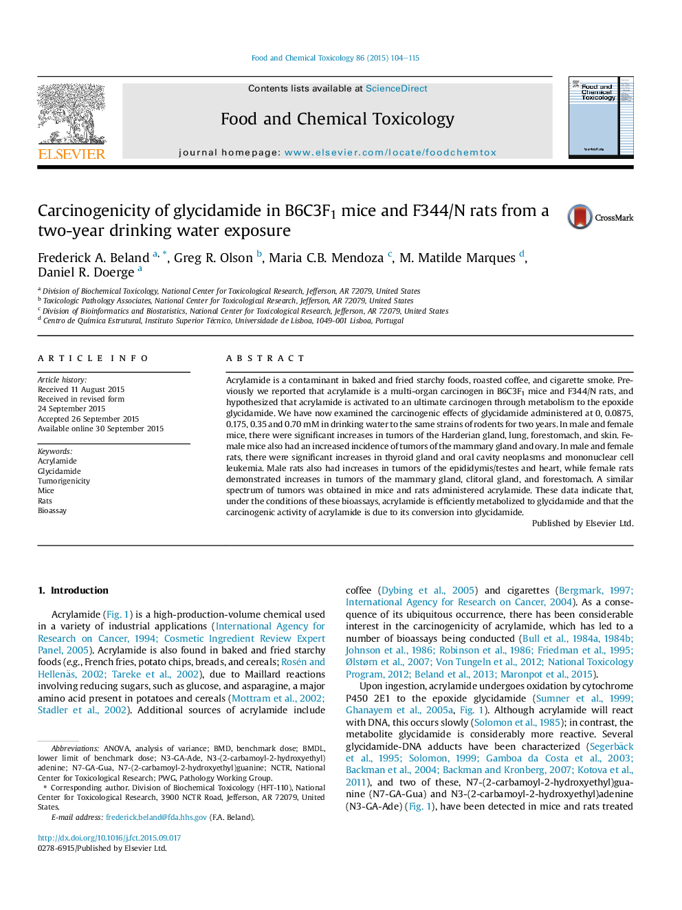 Carcinogenicity of glycidamide in B6C3F1 mice and F344/N rats from a two-year drinking water exposure