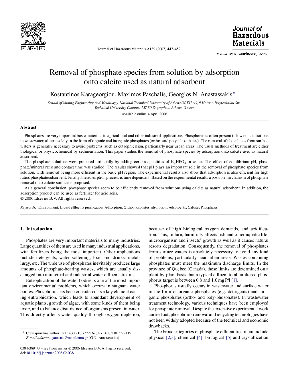 Removal of phosphate species from solution by adsorption onto calcite used as natural adsorbent