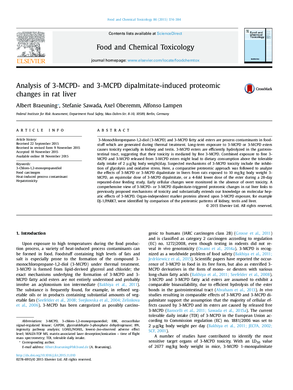 Analysis of 3-MCPD- and 3-MCPD dipalmitate-induced proteomic changes in rat liver