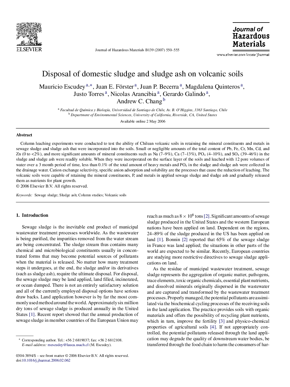 Disposal of domestic sludge and sludge ash on volcanic soils