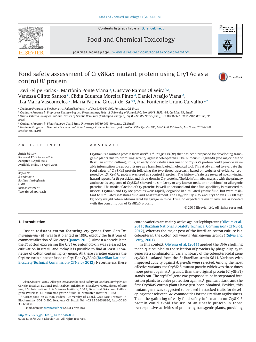 Food safety assessment of Cry8Ka5 mutant protein using Cry1Ac as a control Bt protein