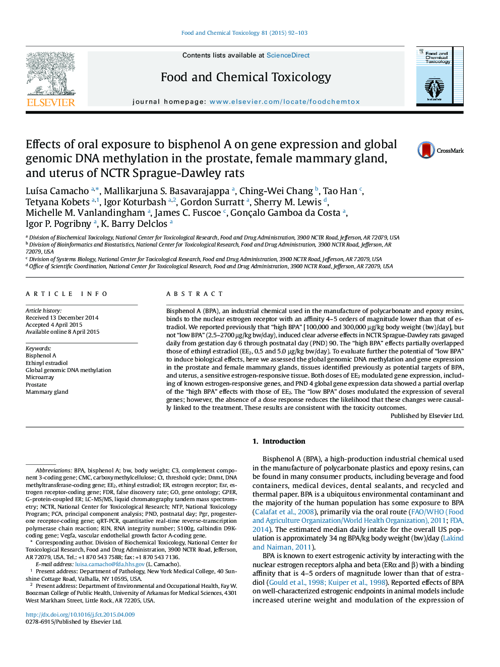 Effects of oral exposure to bisphenol A on gene expression and global genomic DNA methylation in the prostate, female mammary gland, and uterus of NCTR Sprague-Dawley rats