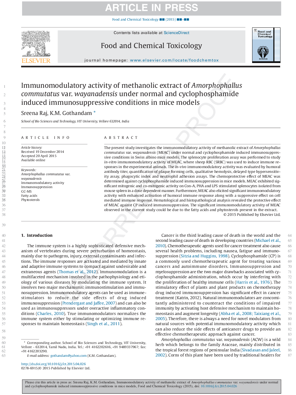 Immunomodulatory activity of methanolic extract of Amorphophallus commutatus var. wayanadensis under normal and cyclophosphamide induced immunosuppressive conditions in mice models