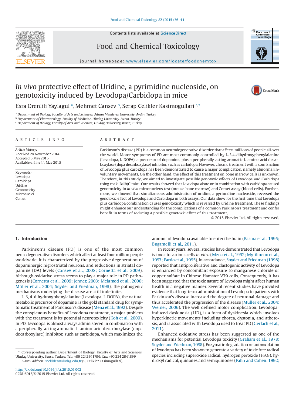 In vivo protective effect of Uridine, a pyrimidine nucleoside, on genotoxicity induced by Levodopa/Carbidopa in mice