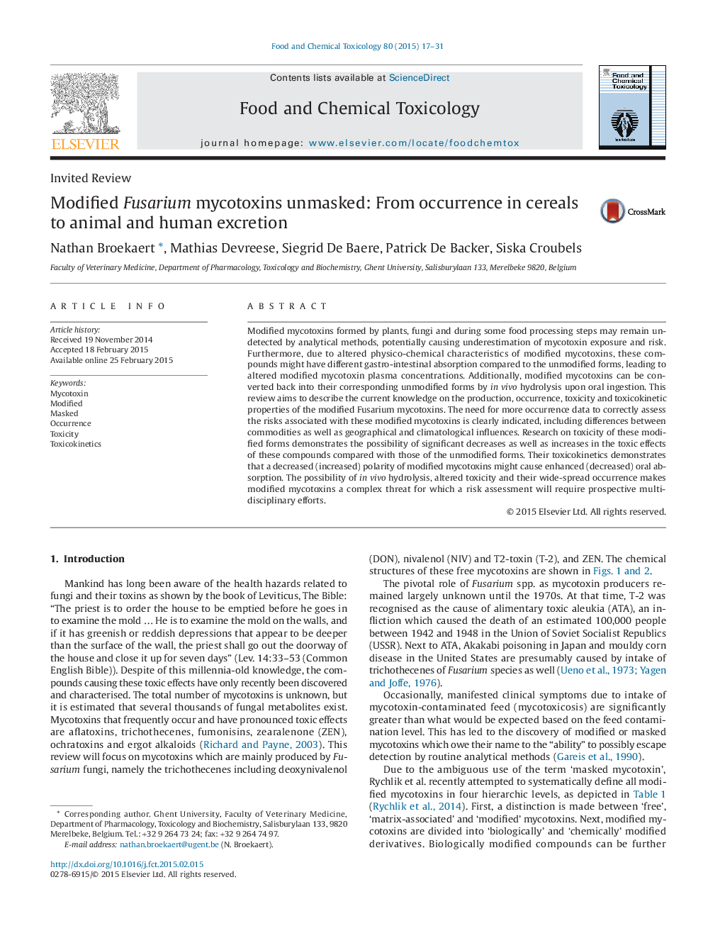 Modified Fusarium mycotoxins unmasked: From occurrence in cereals to animal and human excretion