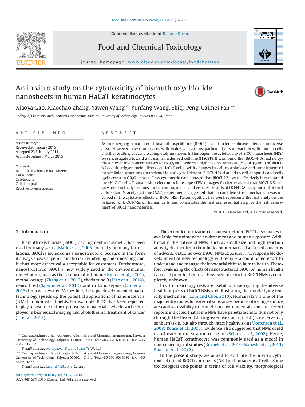 An in vitro study on the cytotoxicity of bismuth oxychloride nanosheets in human HaCaT keratinocytes