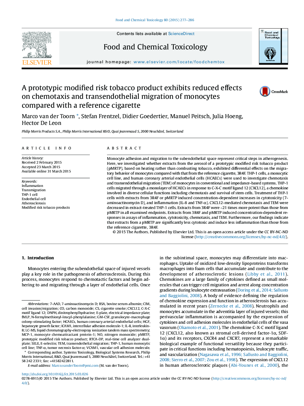 A prototypic modified risk tobacco product exhibits reduced effects on chemotaxis and transendothelial migration of monocytes compared with a reference cigarette