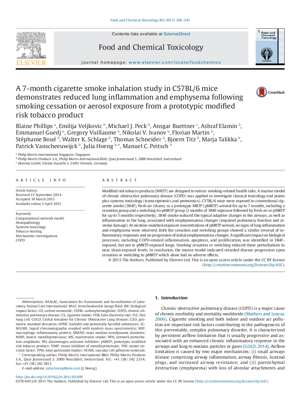عکس صفحه اول مقاله: A 7-month cigarette smoke inhalation study in C57BL/6 mice demonstrates reduced lung inflammation and emphysema following smoking cessation or aerosol exposure from a prototypic modified risk tobacco product A 7-month cigarette smoke inhalation study in C57BL/6 mice demonstrates reduced lung inflammation and emphysema following smoking cessation or aerosol exposure from a prototypic modified risk tobacco product