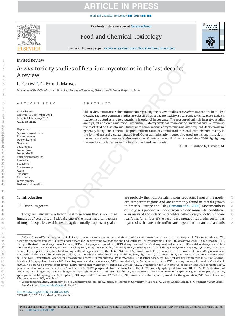 In vivo toxicity studies of fusarium mycotoxins in the last decade: A review